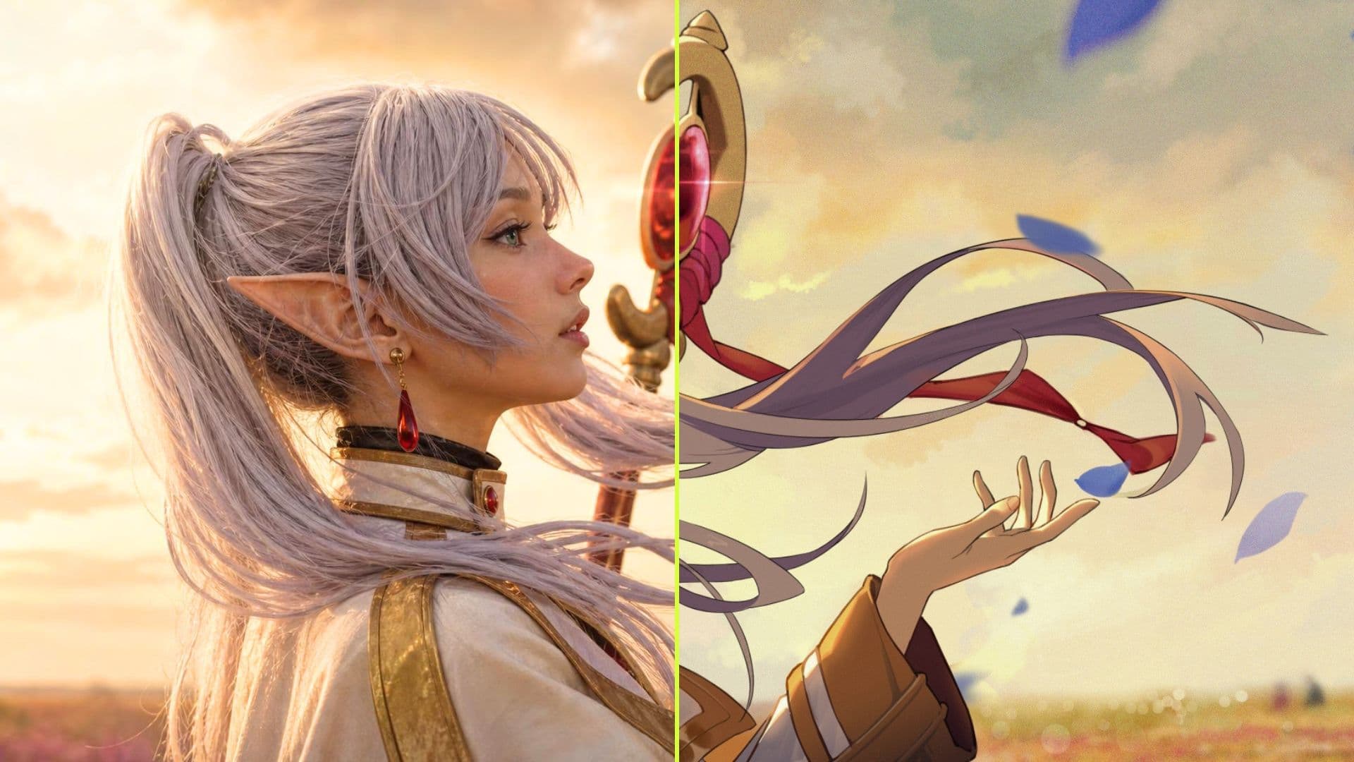 Frieren in a sunset field — photoreal left, anime right