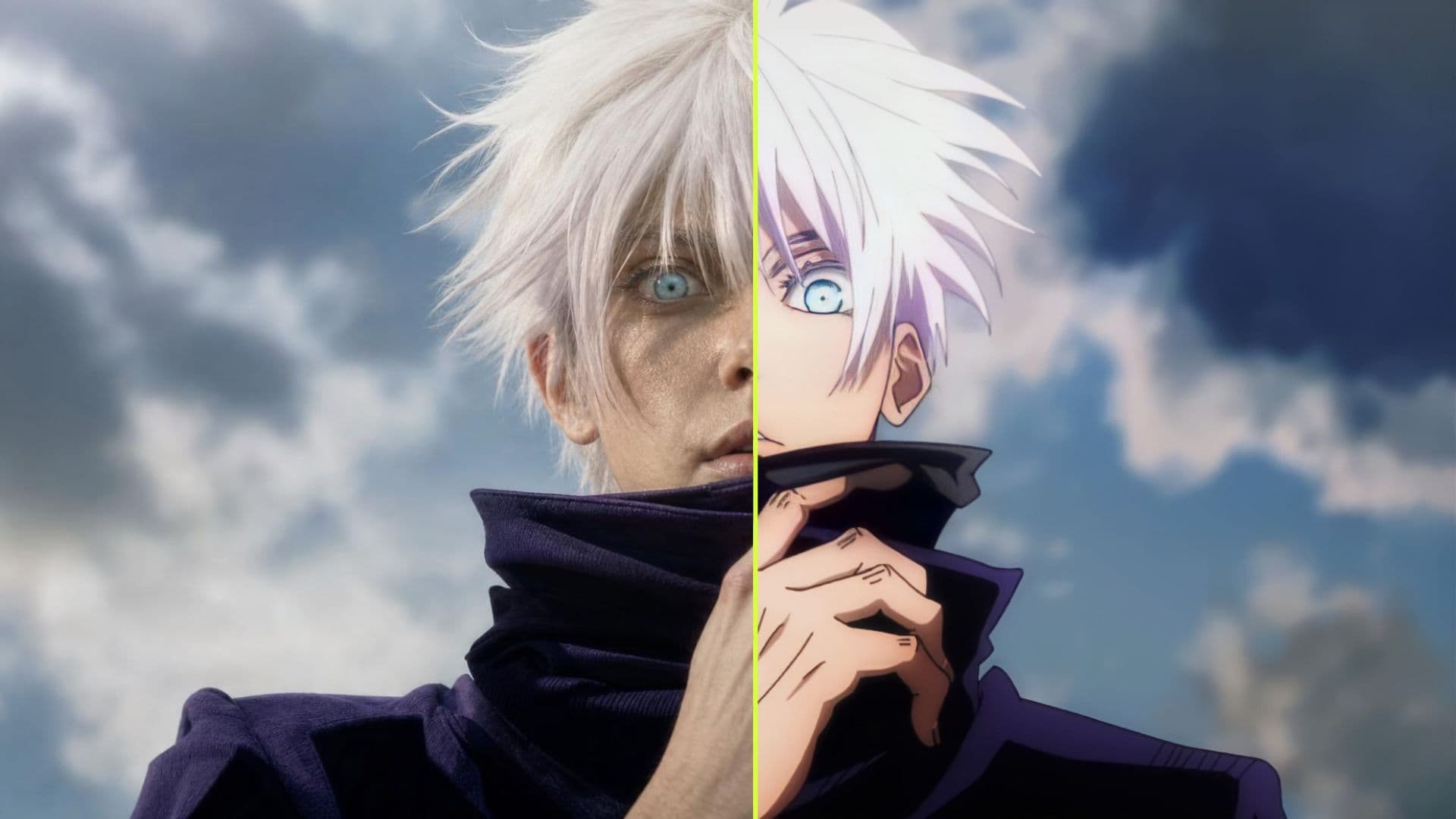 Gojo Satoru — photoreal on the left, anime on the right, split by a lime seam