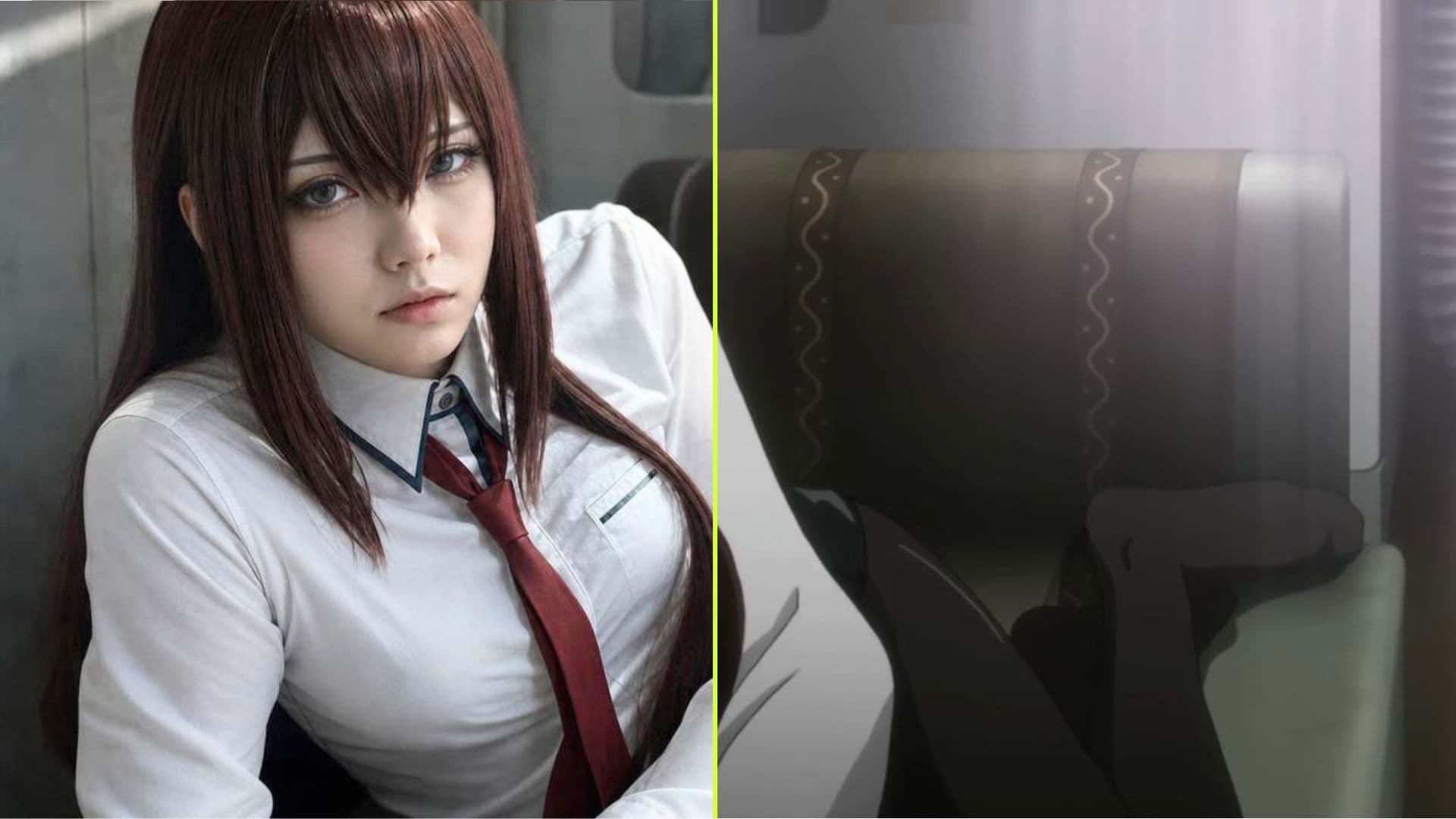 Makise Kurisu on a train — photoreal left, anime right