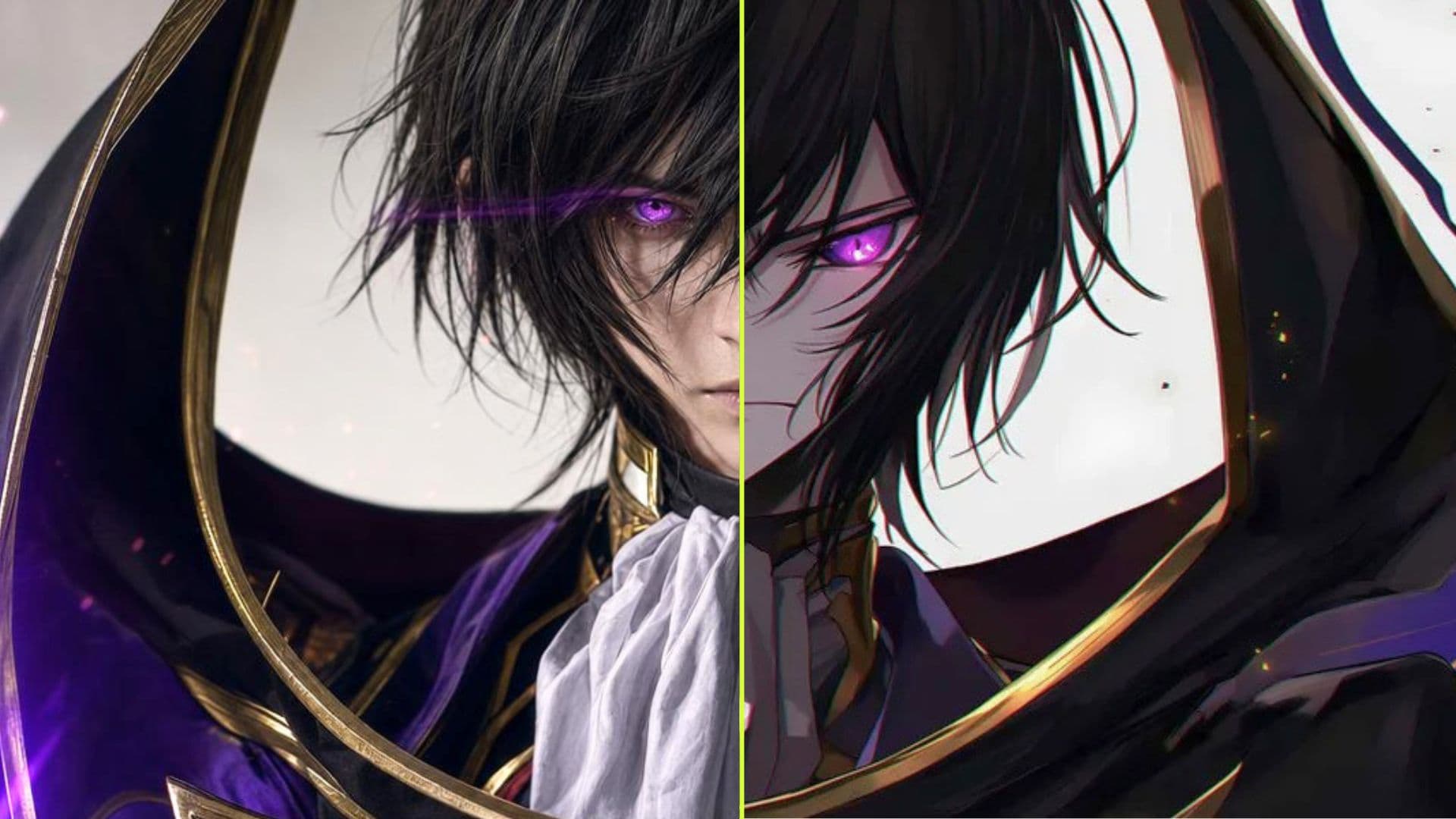 Lelouch with the glowing Geass eye — photoreal left, anime right