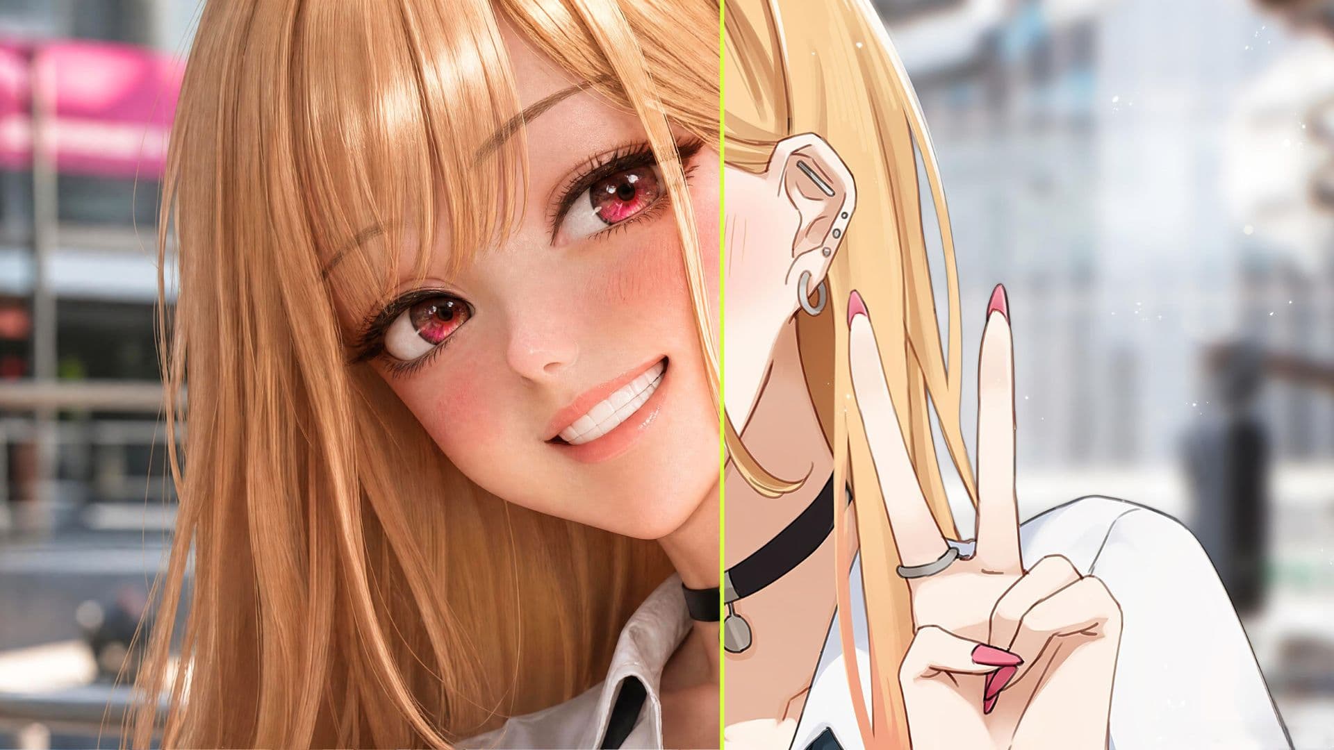 Marin Kitagawa — photoreal on the left, anime on the right, split by a lime seam