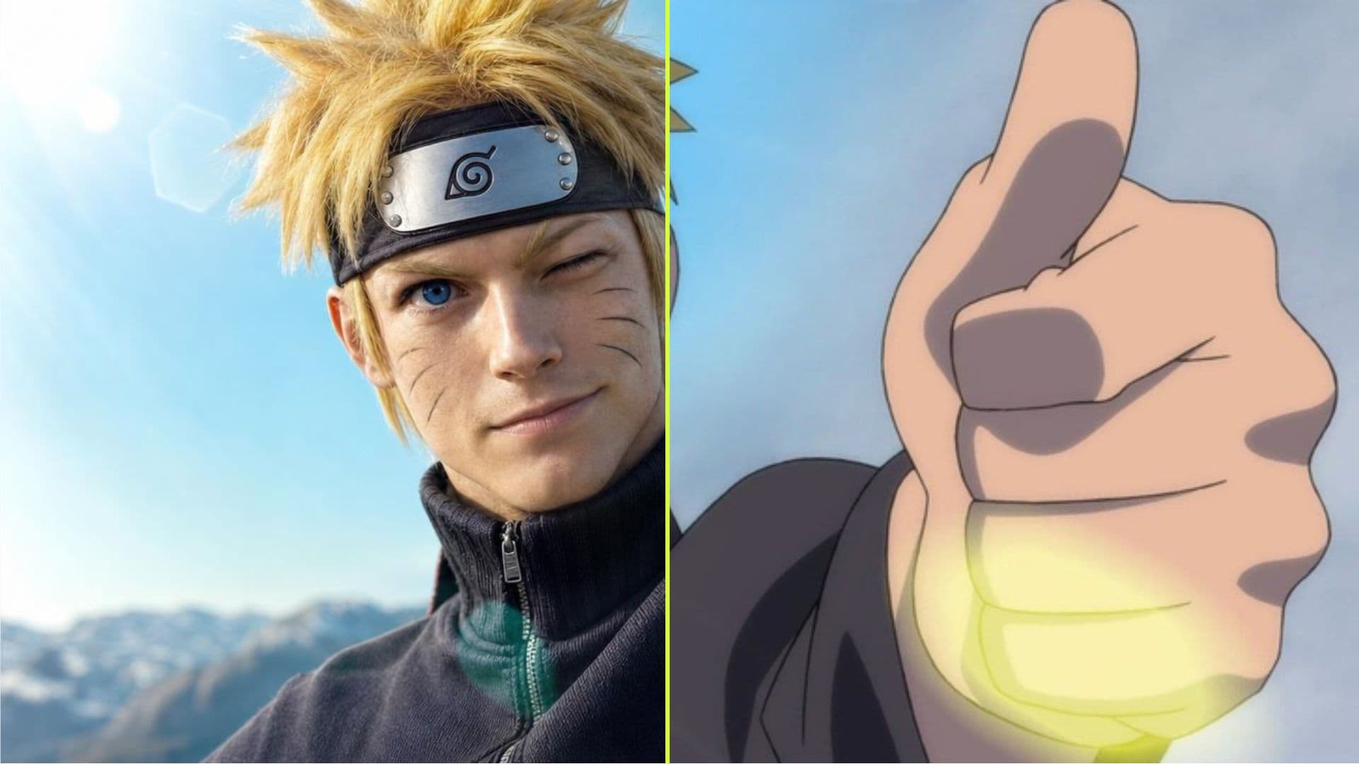 Naruto Uzumaki giving a thumbs up — photoreal left, anime right