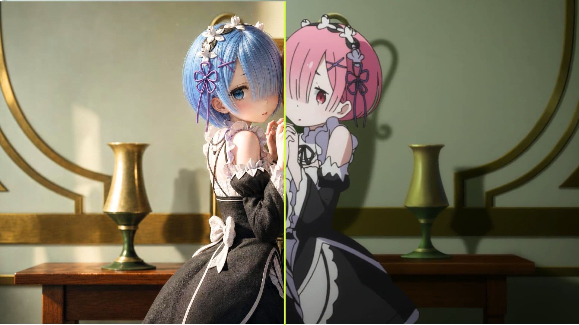 Rem rendered lifelike beside Ram still in anime style