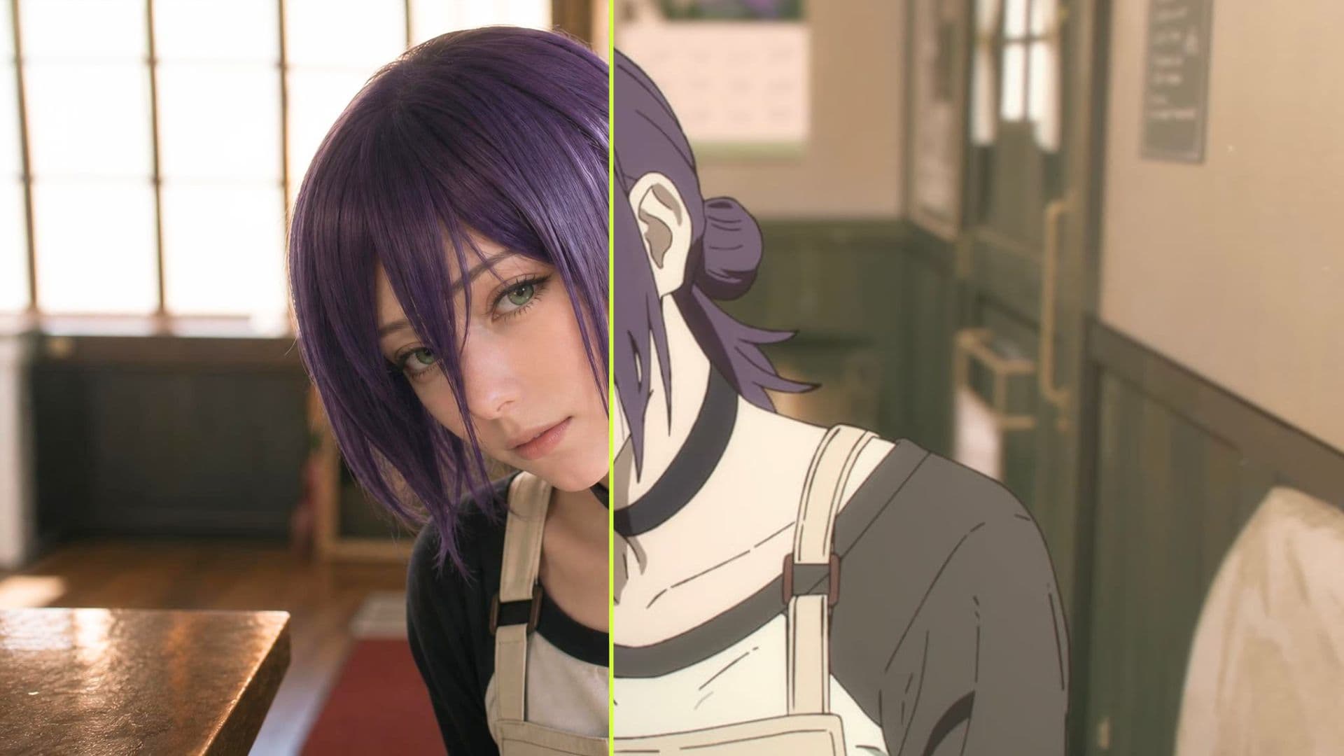 Reze in her café apron — photoreal on the left, anime on the right, split by a lime seam