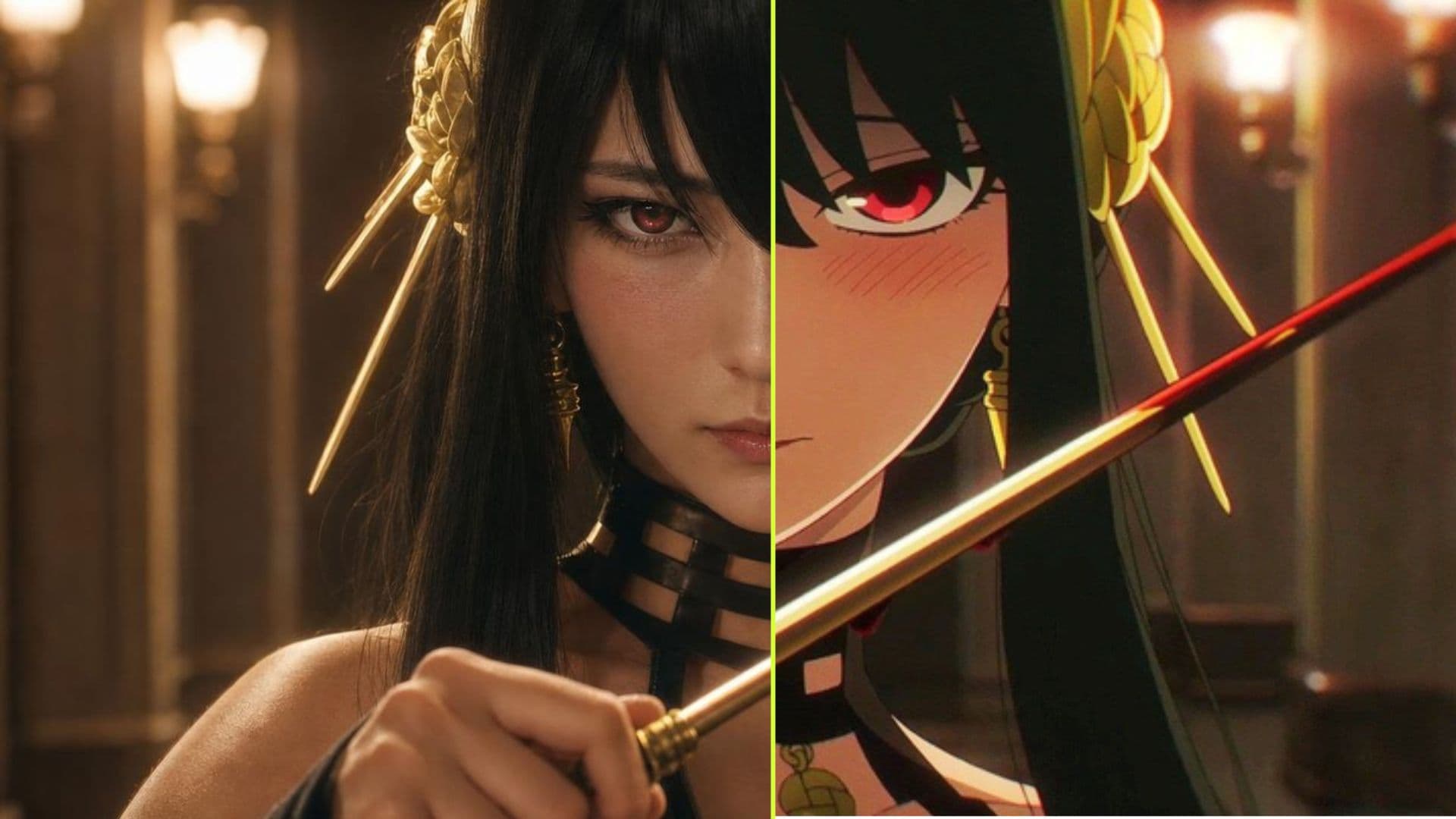 Yor Forger as the Thorn Princess holding her stiletto — photoreal left, anime right