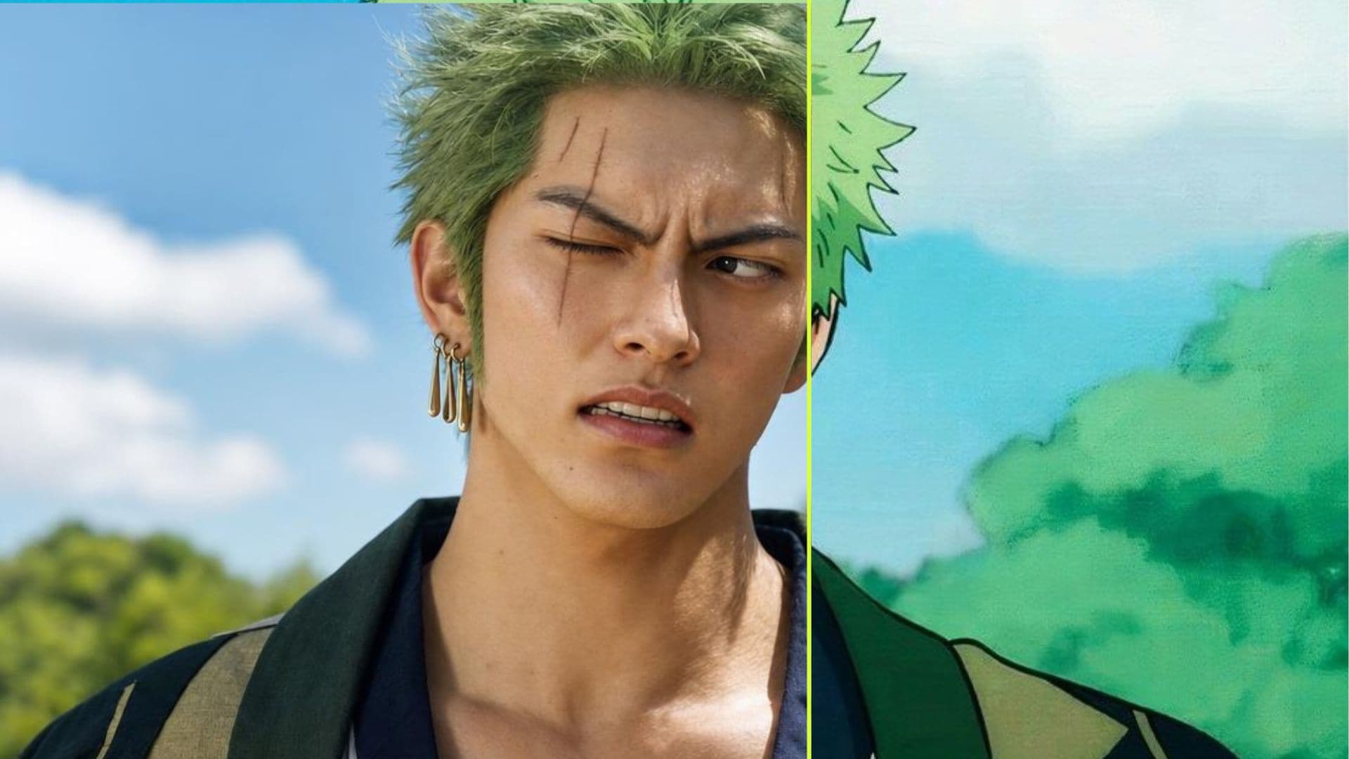 Roronoa Zoro — photoreal left, anime right